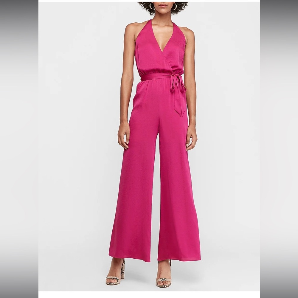 Express womens pink satin wide leg jumpsuit,